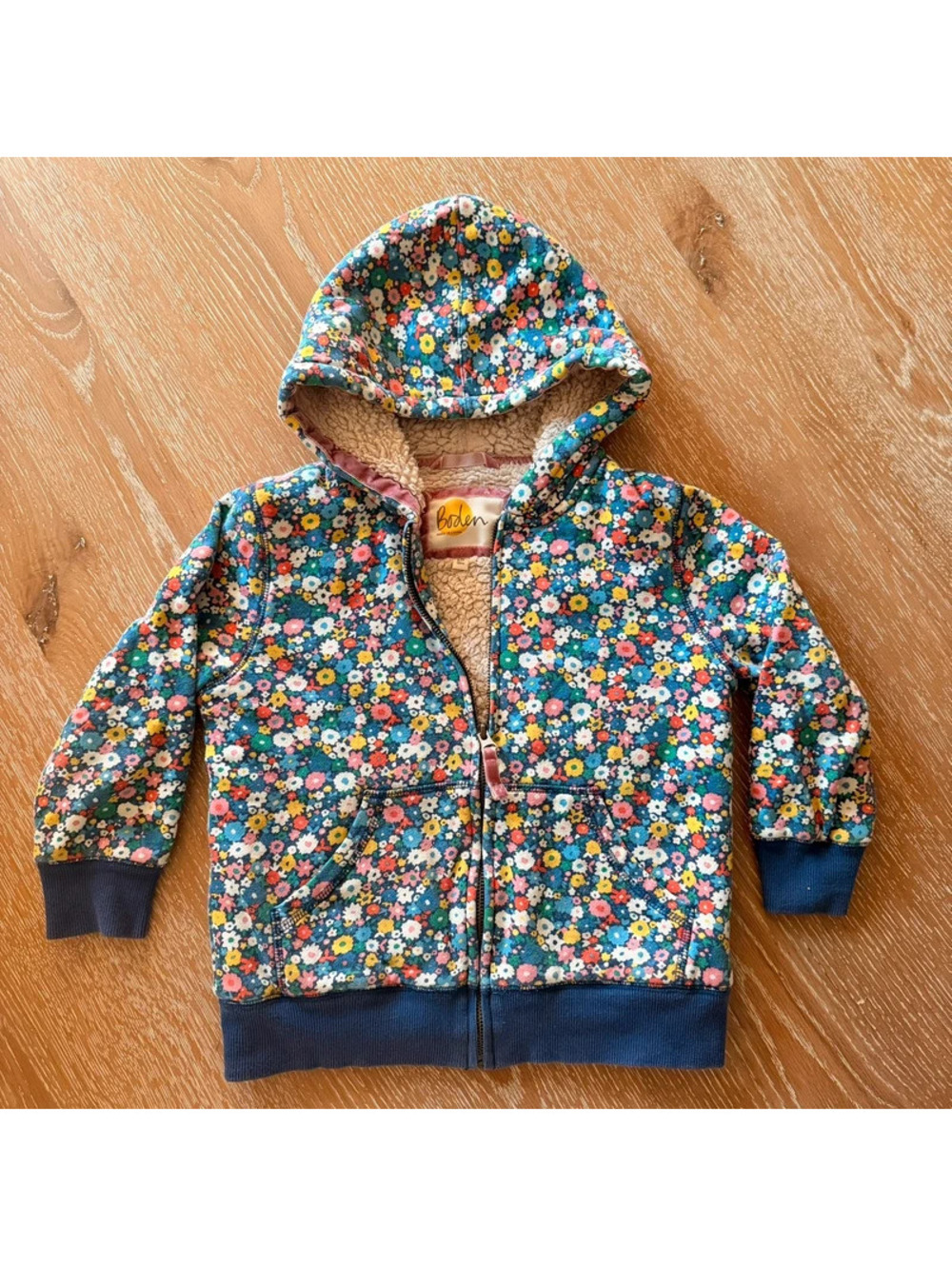Boden Girls Ditsy Floral Sherpa Lined Full Zip Hoodie Jacket Size 6-7